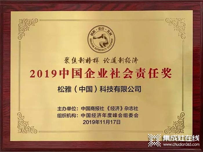 松雅榮獲2019中國企業(yè)社會(huì)責(zé)任獎(jiǎng)，以示社會(huì)各界對(duì)品牌的高度認(rèn)可與嘉獎(jiǎng)